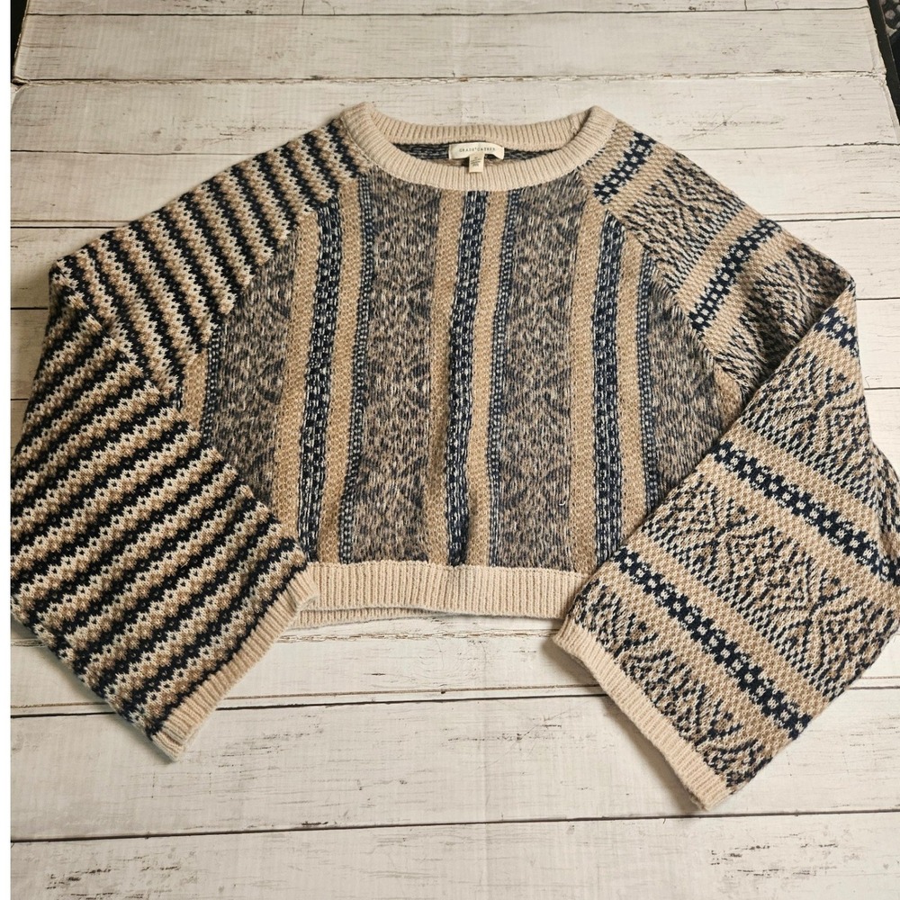 Grade & Gather Mixed Print Cropped Sweater Tan Navy Boho Fair Isle Knit M